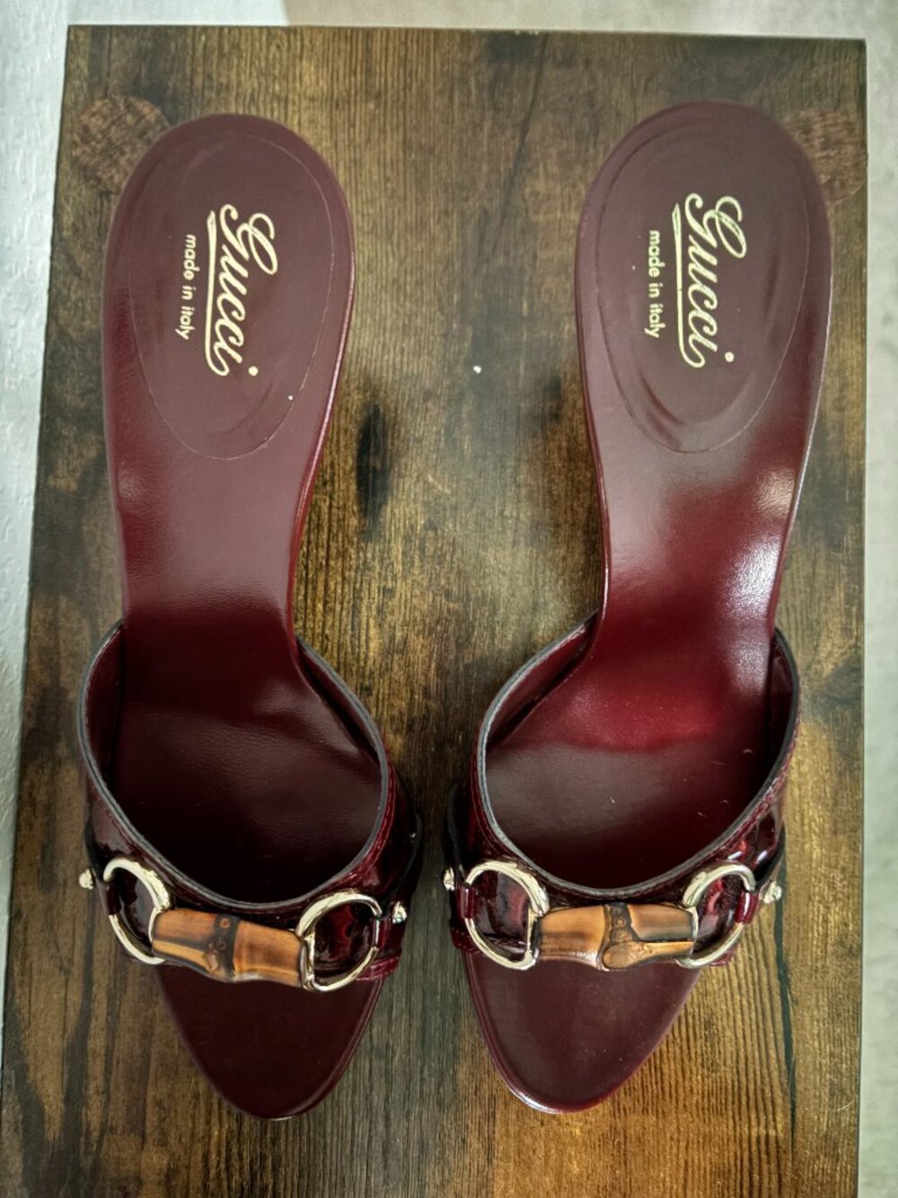 Vintage Gucci Bamboo Horsebit Patent Leather Mules - Wine Red Burgundy